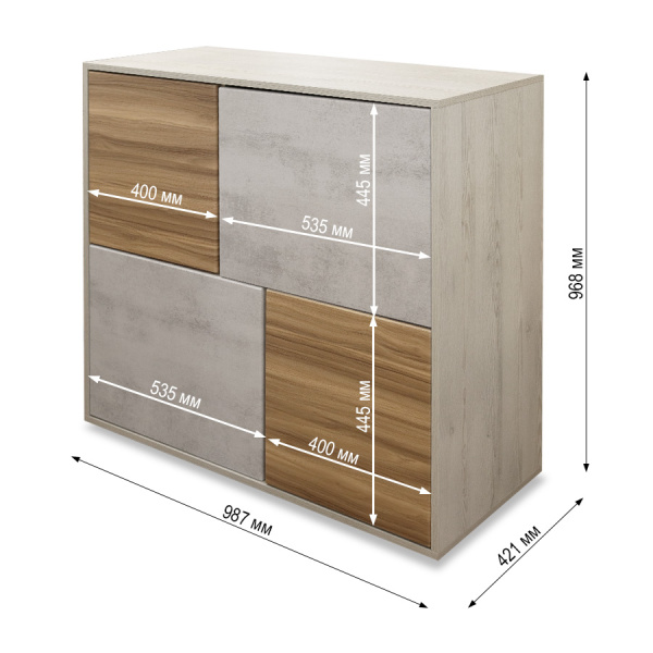 Комод ШАЛЕ 4 двери/ Сосна Лофт/Камень Светлый/Ясень горный