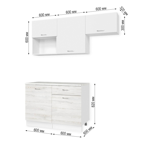 Кухонный гарнитур Темпо №3 Белый/Сосна Лофт/Белый жемчуг/Олива (без мойки) 1,2 м