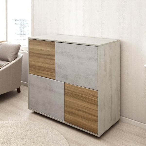 Комод ШАЛЕ 4 двери/ Сосна Лофт/Камень Светлый/Ясень горный